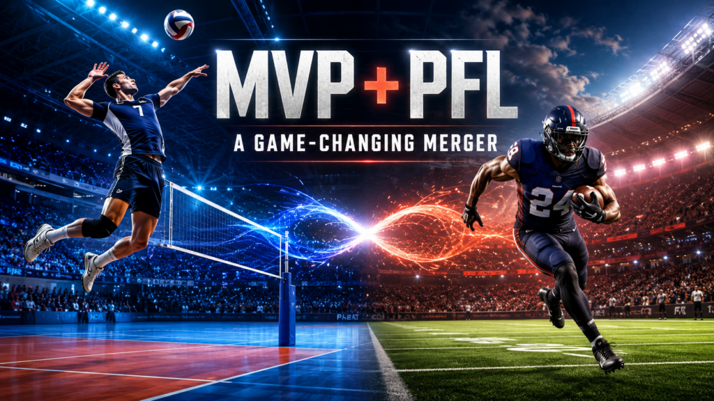 MVP and PFL sports merger featuring volleyball and football players.