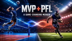 MVP and PFL sports merger featuring volleyball and football players.